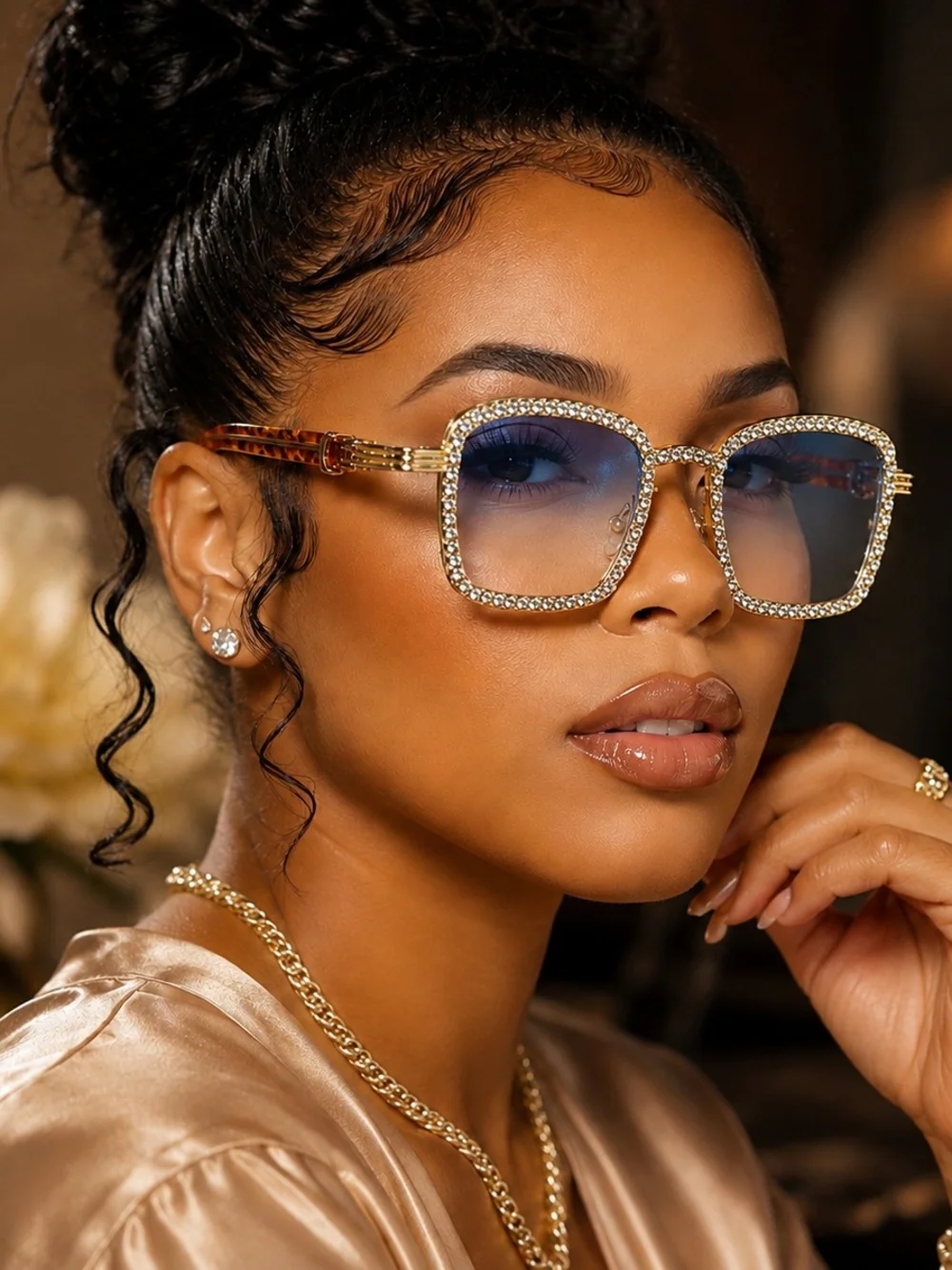 Gold Tone Rhinestone Square Sunglasses Blue Gradient Lens Tortoise Arms